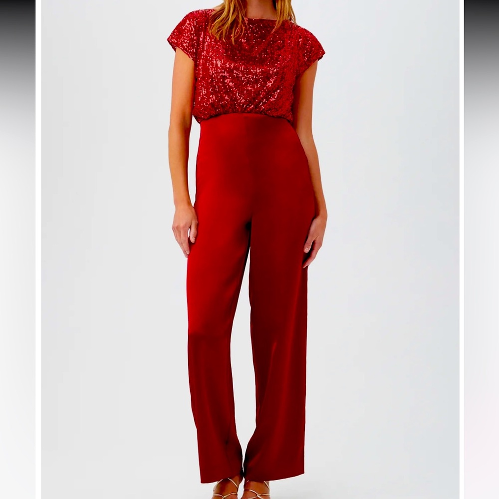 NWT Trina Turk Red Sequin and Satin Wide Leg Jumpsuit Sz 6